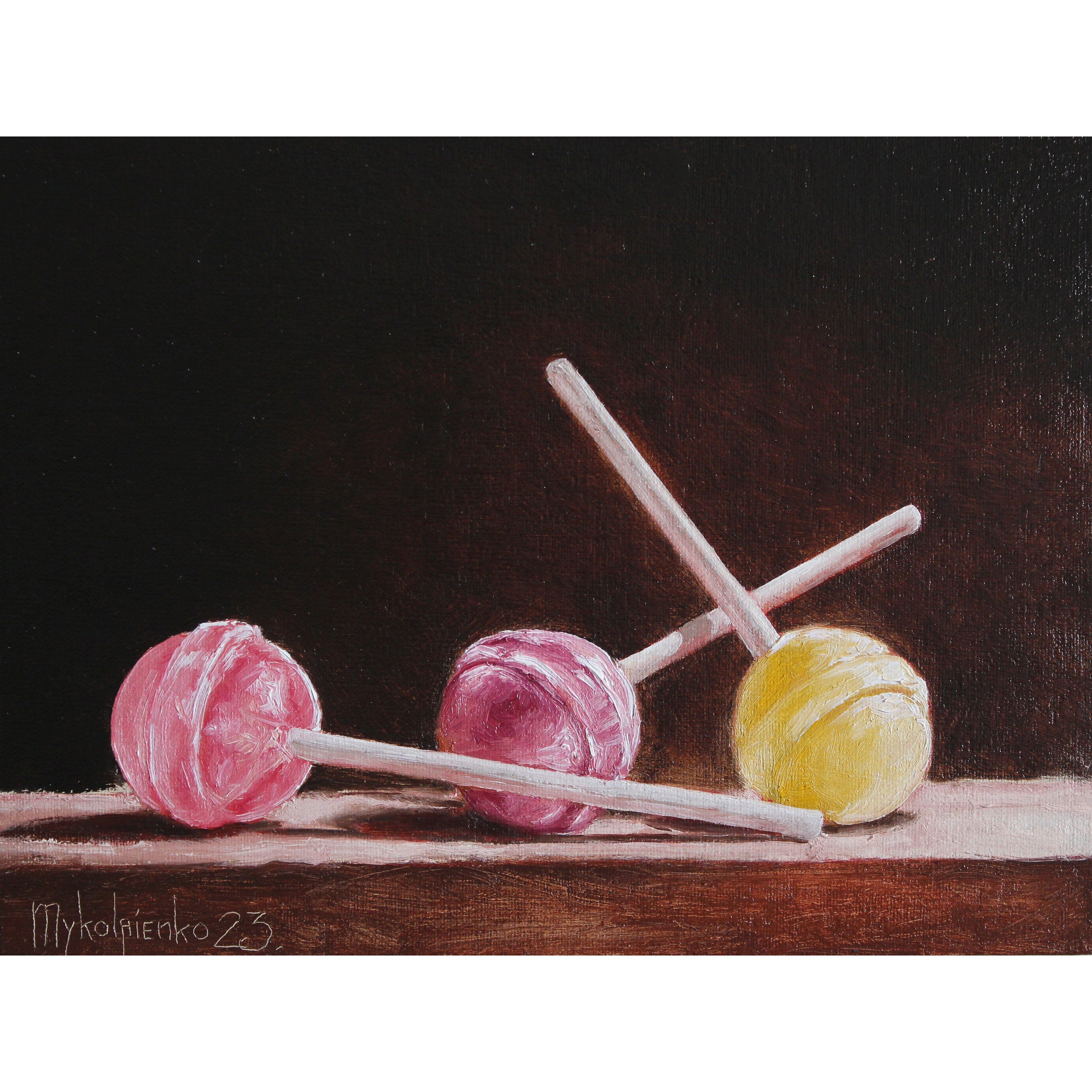 Lollipops oil painting, Original Lollipop art, Candy Still Life, Tiny Kitchen Art, Small Sweets painting, Caramel chupa chups painting 6x8"