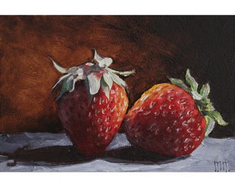 イチゴの絵画：インパストフルーツ静物画、小さなキッチンアート（8x8