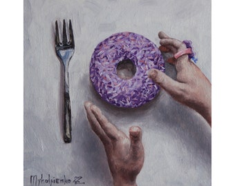 Donuts painting Small oil painting ORIGINAL Kitchen Art, Children&#39;s hands Donuts Art Bakery Original Painting Dessert Still Life Gift 8x8 in