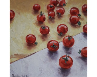 Tomato Oil Painting, Tomato Still Life, Red Tomato Kitchen Wall Art, ORIGINAL ART, Kitchen Gift, Cherry Tomato Art, Vegetables Art, 10x10 in