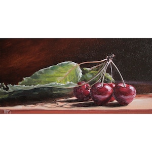 Cherry Still Life Painting, Sweet cherry oil painting, ORIGINAL art, Fruit still life, Cherry art, Small fruit painting, kitchen art, 6x12in