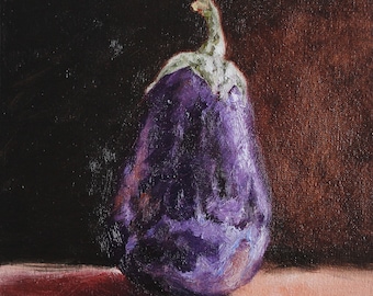 Eggplant Oil Painting, Eggplant Still Life, Zucchini Kitchen Wall Art, ORIGINAL ART, Fine Art Kitchen Gift, Eggplant Art Vegetables Art 6x6"