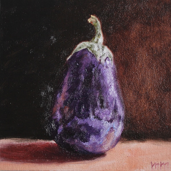 Peinture à l'huile d'aubergine, nature morte d'aubergines, art mural de cuisine de courgettes, ART ORIGINAL, cadeau de cuisine d'art, art d'aubergine art de légumes 6 x 6 po