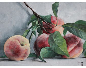 Peach oil painting, Original peach art, Fruit Still Life, Fruit art, Tiny Kitchen Art, Small Fruit painting, Apricot Nectarine painting 6x8&quot;