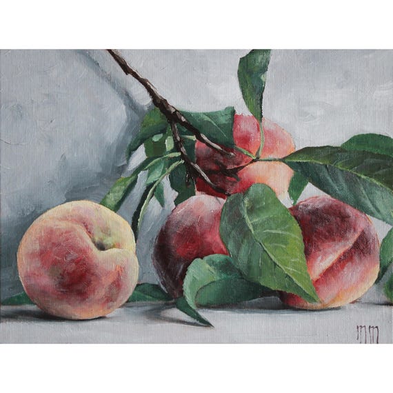 桃の油絵、果物の静物画、6 x 8インチ - Etsy 日本