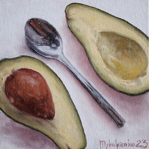Avocado Oil Painting, Avocado Still Life, Fruit Still Life, Original Small Kitchen Art, Fruit Art, Avocado Art Gift, fruit painting 6x6 inch