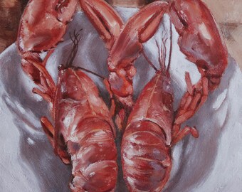 Two Lobsters Still Life Oil Painting, 8x8 in