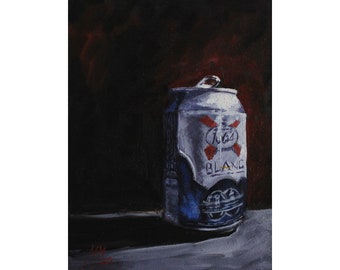 Beer Oil Painting, Can of beer Original Art, Beer Still Life Kitchen Art, Small artwork Kitchen gift, Alcohol Art Black background, 6x8 inch