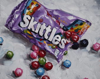 Skittles snoep olieverfschilderij, kegelen stilleven, originele kleine keuken kunst, snoep fruit kunst, kegelen bessen, veelkleurige snoepjes 6 x 6"