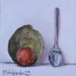 Avocado Oil Painting, Avocado Still Life, Fruit Still Life, Original Small Kitchen Art, Fruit Art, Avocado Art Gift, fruit painting 6x6 inch