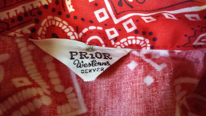 Vintage 1970/'s Prior Westerns Denver Red White Bandana Rockabilly Shirt Sz M