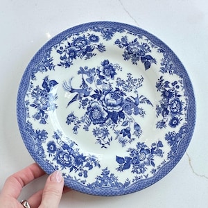 May include: A white ceramic plate with a blue floral pattern. The plate has a detailed design of flowers and birds in blue hues. The rim features a decorative blue border. The plate is held by a hand.