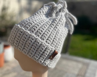 Fringed Light Gray Crocheted Beanie - Handmade Hat for Teens & Adults