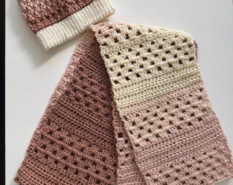Ombre Pink & Cream Crocheted Scarf and Beanie Set