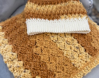 Crochet Cowl and Beanie Set – Cream, Gold, and Brown Yarn