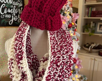 Bulky Red & White Crochet Beanie and Cowl Set – Festive Winter Accessories