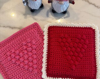 Handmade Crochet Valentine's Hot Pad Set – Pink & Red Heart Design
