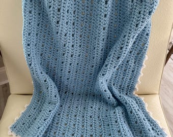 Crocheted Baby Blanket & Beanie Set, Soft Blue with White Border