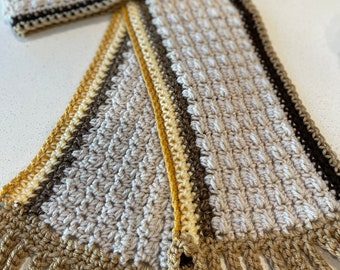 Earth-Toned Crocheted Scarf with Fringe - Textured Beige, Brown & Gold 7" x 63"