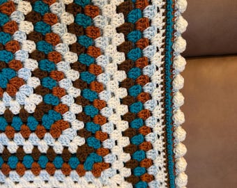 Crocheted Granny Square Baby Blanket with Pom-Pom Border - Earth and Sky Color Palette 35"x 35"