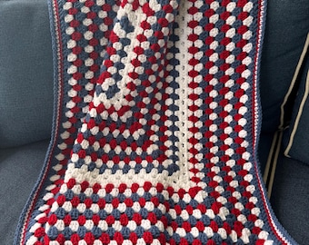 Handmade Crocheted Red, White, & Blue Granny Square Blanket - 41"x40"