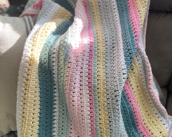 Pastel Striped Crochet Baby Blanket – Granny Stitch Throw, Handmade