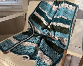 Crocheted Blue and Green Cozy Throw Blanket - 54"x46"