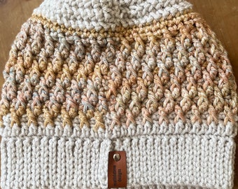 Textured Crocheted Beanie - Light Gray & Brown | Handmade Adult Winter Hat