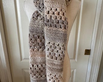 Extra Long Neutral Colored Crocheted Scarf 90" x 8.5"