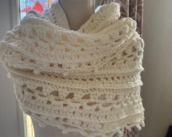 Handmade Cream Crocheted Lace Scarf – Soft Winter Wrap