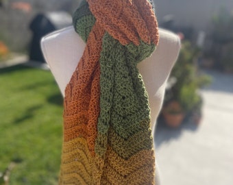 Autumn Vibes Zigzag Crochet Scarf - Warm Gold, Green, Brown & Orange, 12"x86"