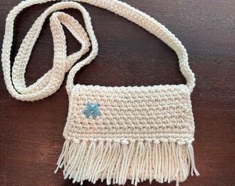 Crocheted Cream Colored Crossbody Purse with Fringe & Blue Flower - Adjustable Strap - Boho Handmade Bag