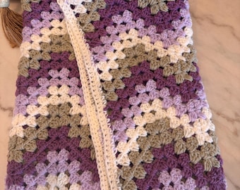 Crocheted Chevron Blanket - White, Beige, Light Purple, Purple 42" x 37.5"