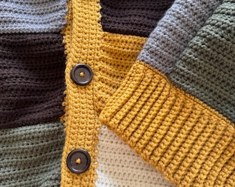 Autumn Mosaic Crochet Cardigan - Unisex Handmade Sweater in Fall Colors (Large)