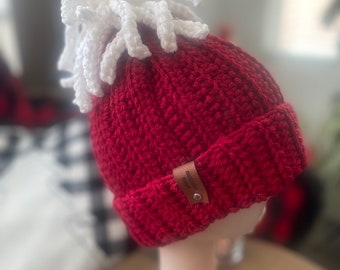 Red Beanie With Detachable White or Green Fun Fringe
