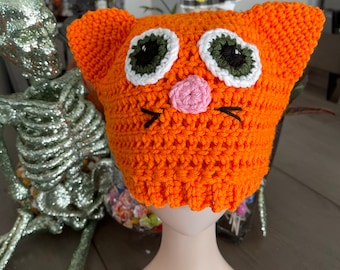 Crocheted Orange Cat Beanie – Handmade Kitty Hat with Eyes