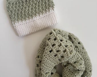 Crocheted Sage Green and White Beanie and Cowl Scarf Set
