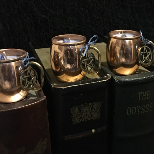 Moon Ritual Candle, copper mug votive ritual candle, Lapis stones, Blackberry with Lady Slipper scent