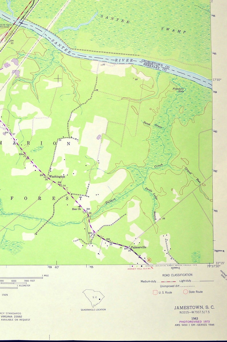 Jamestown Map of Santee Swamp South Carolina LARGE Topographic Etsy