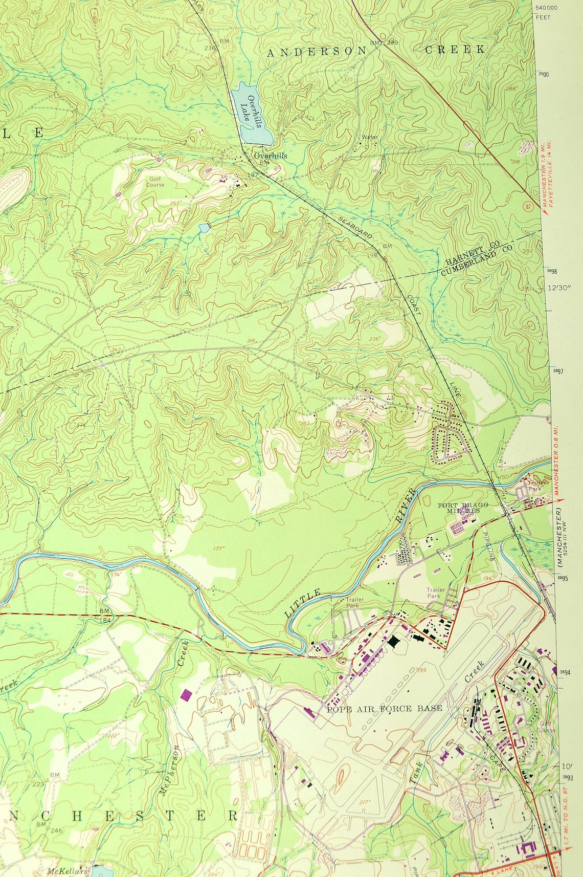 Overhills Map of Fort Bragg North Carolina LARGE Topographic Etsy