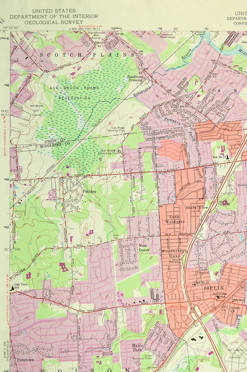 Perth Amboy Map of Menlo Park New Jersey LARGE Topographic Etsy