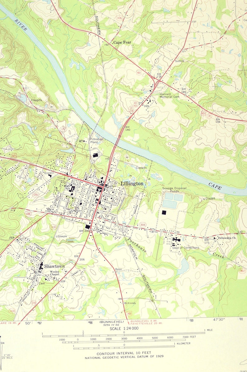 Lillington Map of Shawtown North Carolina LARGE Topographic Etsy