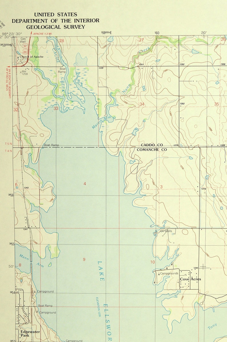 Elgin Map of Lake Ellsworth Oklahoma Art Print Wall Decor Etsy
