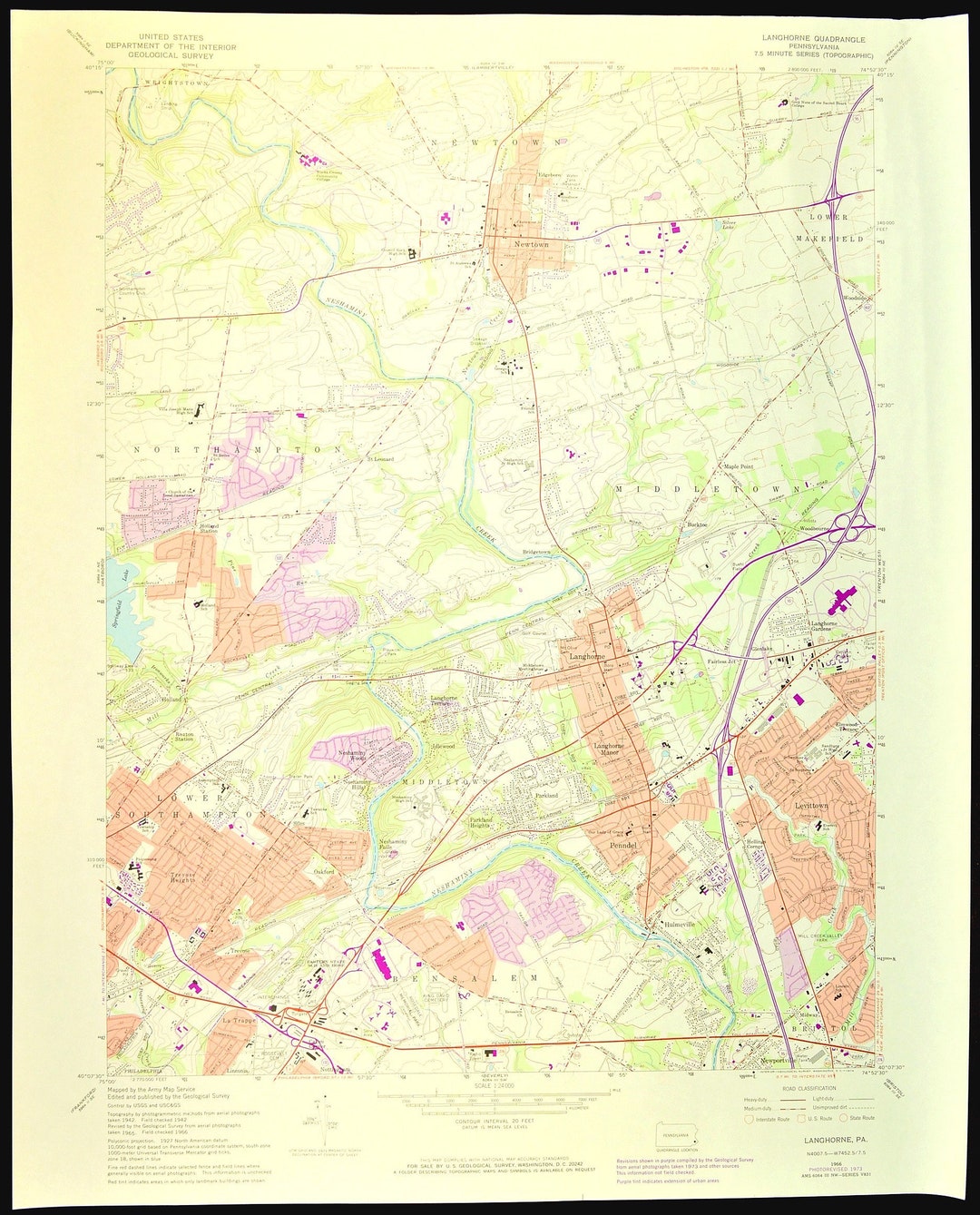 Newtown Map of Langhorne Pennsylvania Art Print Wall Decor LARGE USGS ...