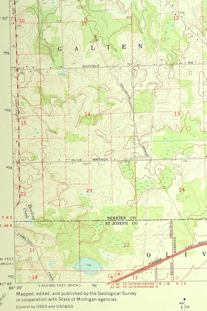 Galien Map of Dayton Michigan Wall Art LARGE Topographic Etsy