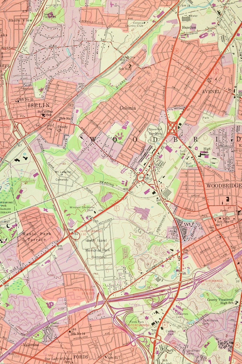 Perth Amboy Map of Menlo Park New Jersey LARGE Topographic Etsy