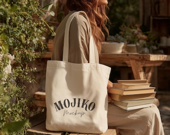 Mojiko Canvas Tote Bag Mockup  Natural Cotton Beige Shopping Bag Template, Aesthetic Boho Style, Blank Tote for Custom Design
