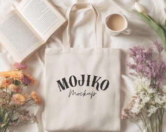 Mojiko Canvas Tote Bag Mockup Natural High Quality Lifestyle Shopping Bag Mock-up  Model Mock Blank Tote Bag Cotton Beige