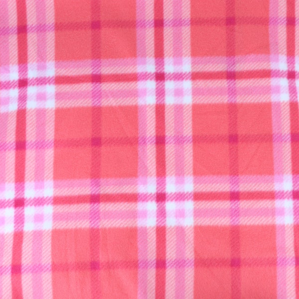 FABRIC PolarFleece, Plaid Coral Pink White, New/Unwashed, Continuous Cut, Sold in 1/4 yard increments, High Quality