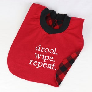 Dog Drool Bibs, Small to 3XL, Red, Personalize Option, Pullover/No Fasteners, Reversible Absorbent Cotton Flannel, Stretch Neck, Washable